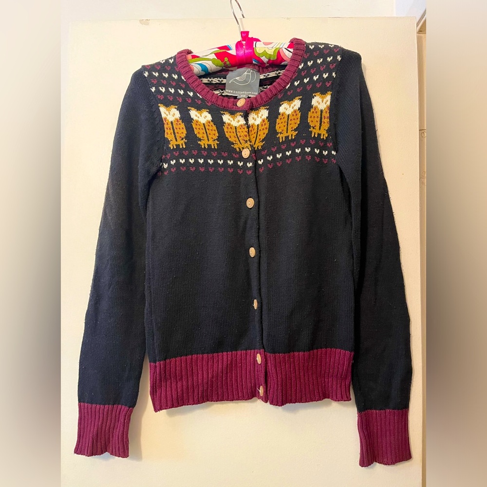 ModCloth Knitted Dove Owl Intarsia Cardigan Sweater multicolor XS